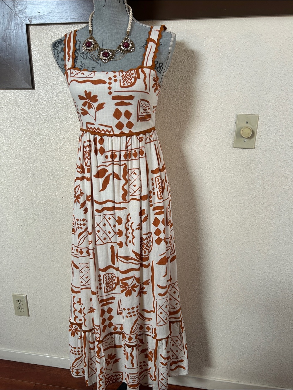 Zara White and Rust Geo-Print Maxi Dress